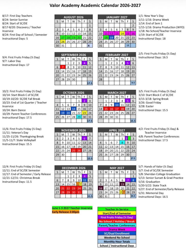 Valor Academy Sheridan Calendar 2026-2027